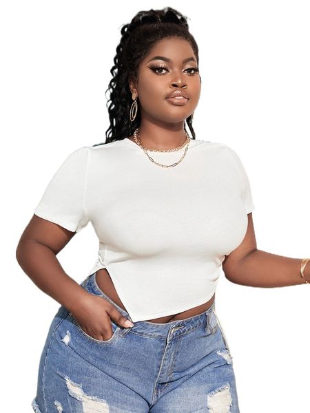 

sxy plus drawstring side asymmetrical hem tee f8hn#, Black