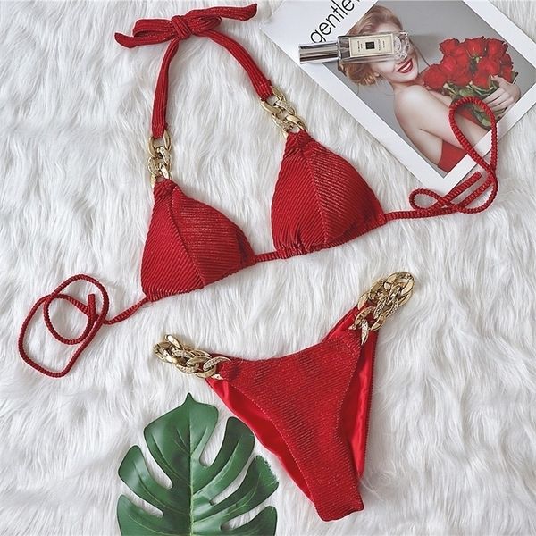 

bikini halter solid red push up pad metal chain swimsuit brazilian bathers bathing suit thong swimwear biquini 220616, White;black