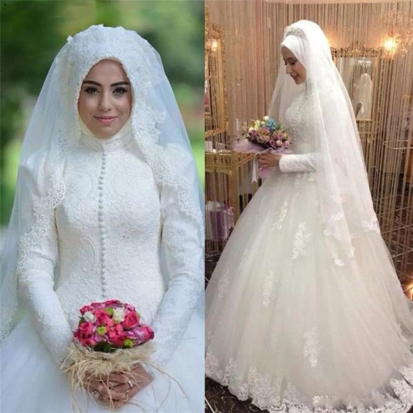 

2022 gorgeous muslim wedding dresses bridal gown with long sleeves lace applique high neck sweep train custom made plus size vestido de novi, White
