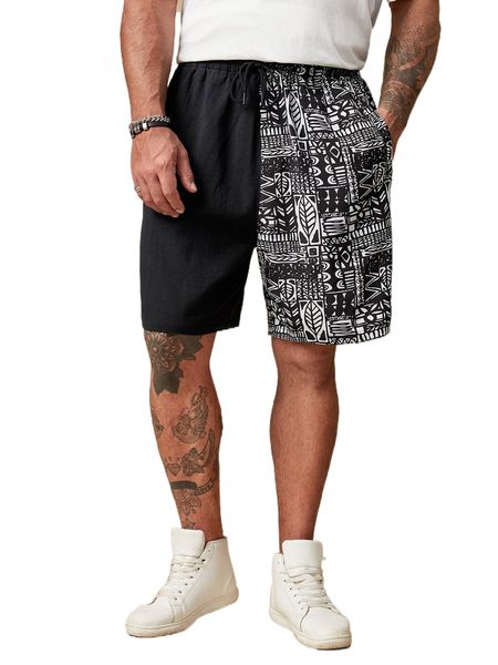 

extended sizes men graphic print drawstring waist shorts u95i#, White;black