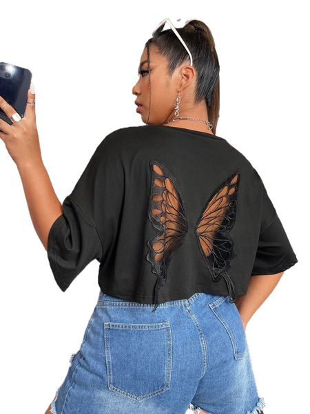 

plus contrast butterfly embroidered mesh drop shoulder tee c7my#, Black