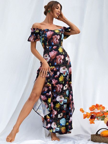 

missord floral print split thigh dress h2dd#, Black;gray