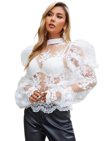 

eilly bazar puff sleeve scallop trim floral lace m36x#, White