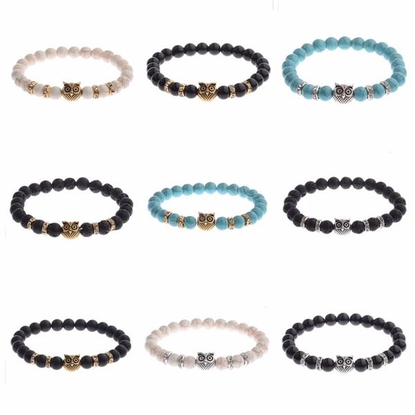 

vintage owl head stone beads bracelets healing balance prayer natural stone yoga bracelet for men women, Golden;silver