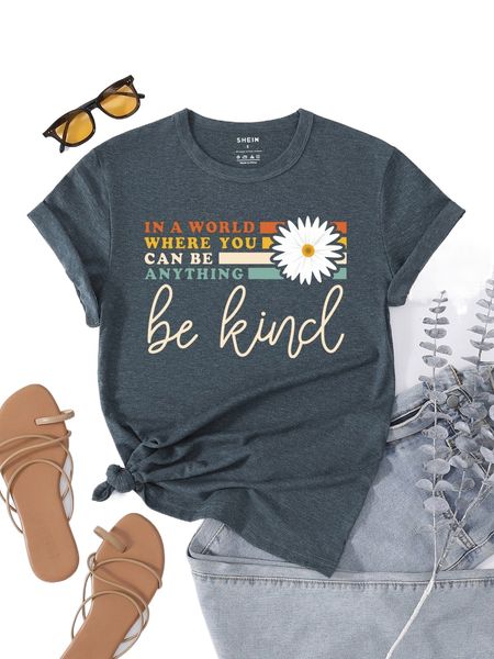 

floral & slogan graphic tee j2os#, White