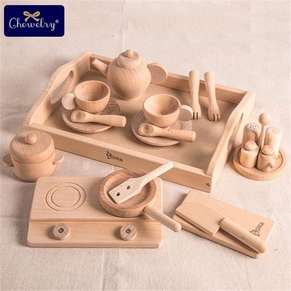 Brinquedos de cozinha de madeira Potes de chá de faia Conjunto de fingir brinquedos de bebê para crianças Presente de madeira de madeira Cretler de madeira Cozinha de cozinha Produtos LJ201211
