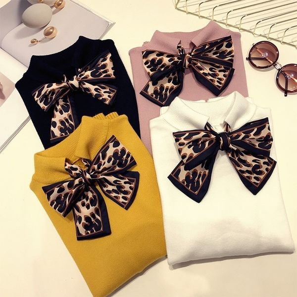 

autumn winter leopard bow thick sweater pullover long sleeve casual warm sweater female knit jumpers l90 y200116, White;black