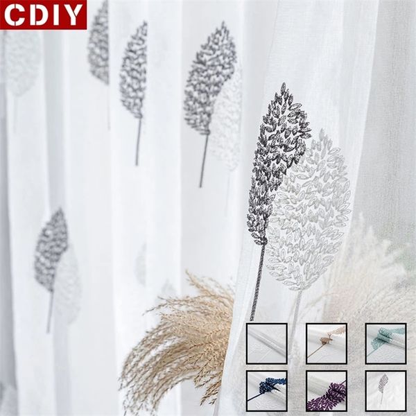 CDIY Modern White Sheer Cretans para sala de estar Folhas bordadas Voile Cortina quarto Curtes de tule das cortinas de janela 220525