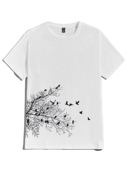 

men tree & bird print tee n6d9#, White;black