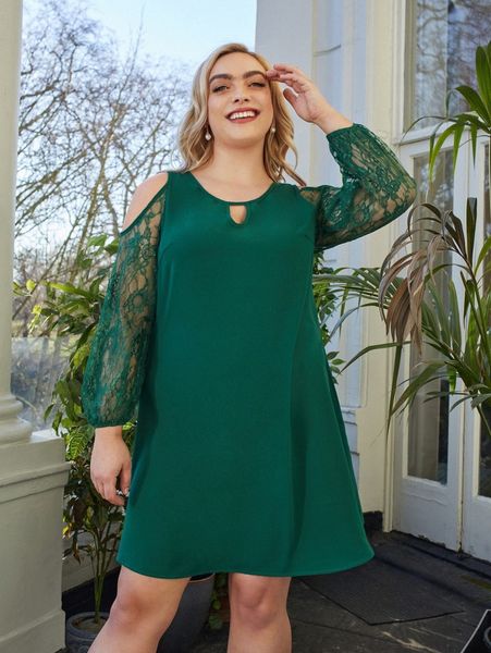 

plus cold shoulder sheer lace lantern sleeve keyhole neck dress b41f#, Black