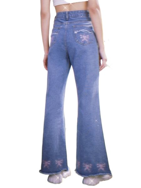 

romwe butterfly embroidery flare leg jeans r7nq#, Blue