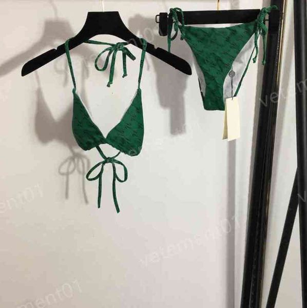 

designer women bras sets green bikini split swimsuit set letter print halter tie bra briefs fashion brand swimwear bikini for women clothing, Red;black