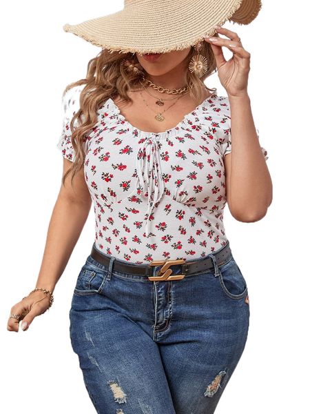 

plus ditsy floral frill trim knot front tee c6ms#, Black
