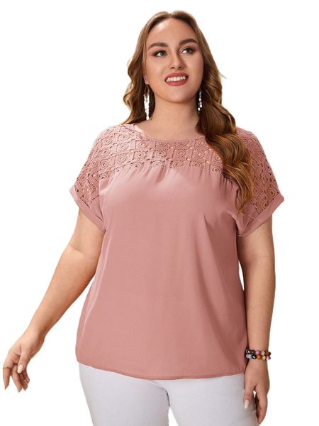 

emery rose plus guipure lace yoke cuffed sleeve i9xo#, Black
