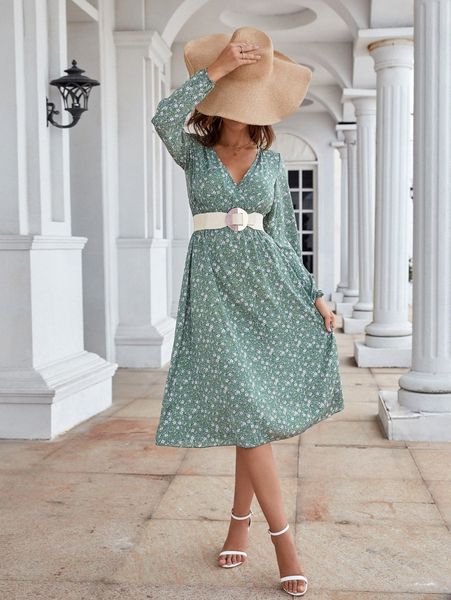 

ditsy floral lantern sleeve dress without belt t9r5#, Black;gray