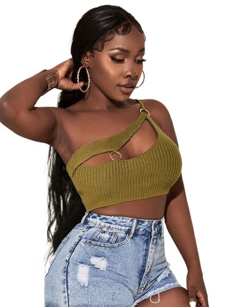 

sxy one shoulder o-ring cut out crop knit i0mf#, White;black