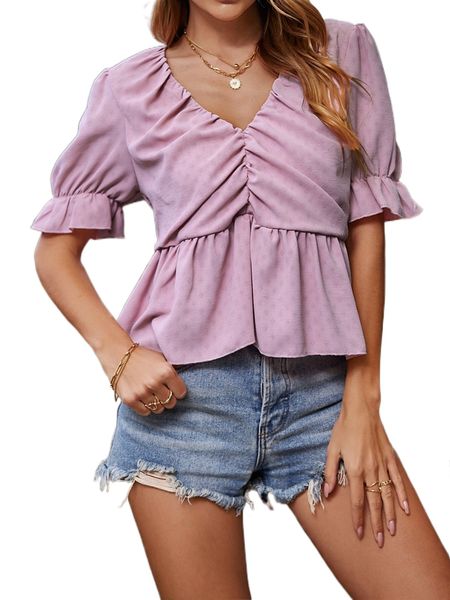 

puff sleeve ruched peplum blouse p2ye#, White