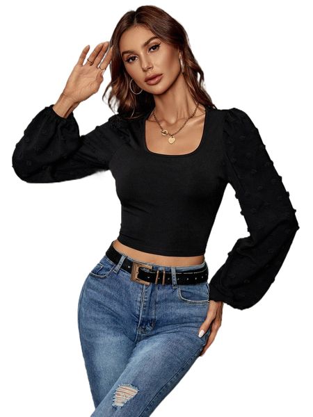 

swiss dot lantern sleeve crop d1oe#, White