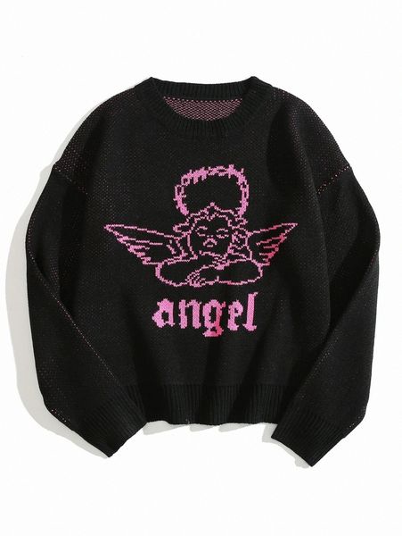 

angel & letter graphic drop shoulder sweater o2ks#, White;black