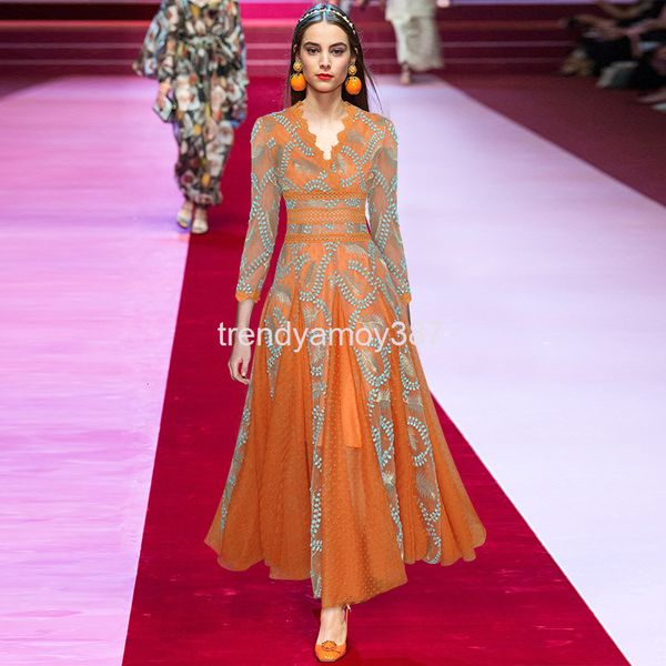 

casual dresses v-neck 9-point sleeve perspective waist close, fluffy and large swing heavy industry mesh embroidery long dress spring, Black;gray