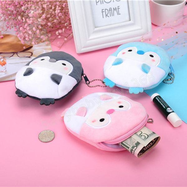 

soft plush cartoon penguin women coin purse mini cute zipper children girl coin wallet card cable bags, White