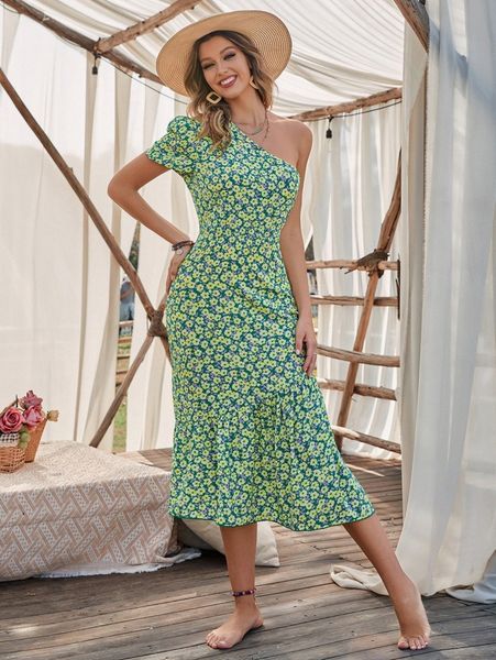 

floral one shoulder dress z0sq#, Black;gray