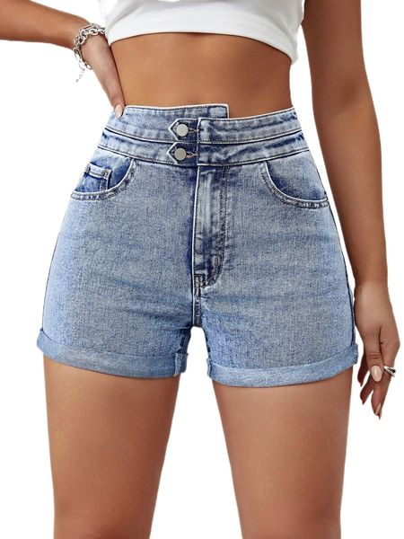 

high waisted roll hem denim shorts d3os#, White;black