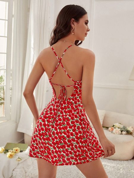 

allover floral criss cross tie backless dress g8sz#, Black;gray