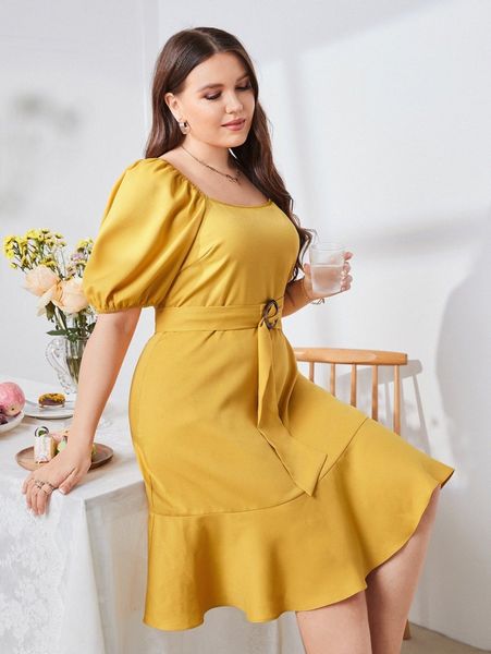 

plus solid puff sleeve mermaid hem dress m6uu#, Black