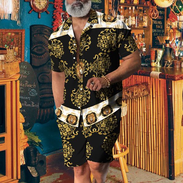 

men s casual suit fashion 2 pieces 3d retro print short sleeved shirt shorts sleeve sportswear summer service clothing 220526, Gray