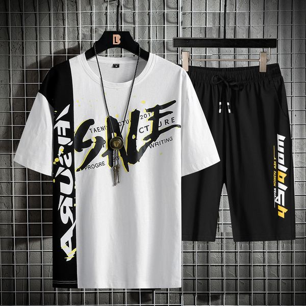 

summer mens set short sleeve tshirts shorts sports suit men casual short set breathable fashion print 2 piece tracksuit 220602, Gray