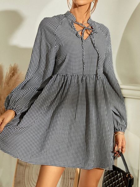 

gingham lantern sleeve tie neck dress l2lg#, Black;gray