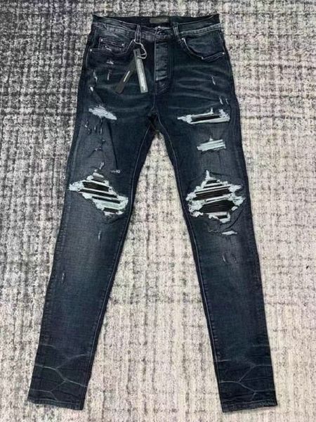 

hm558-2 mens jeans distressed motorcycle biker jean rock skinny slim ripped hole stripe fashionable snake embroidery denim pants, Blue
