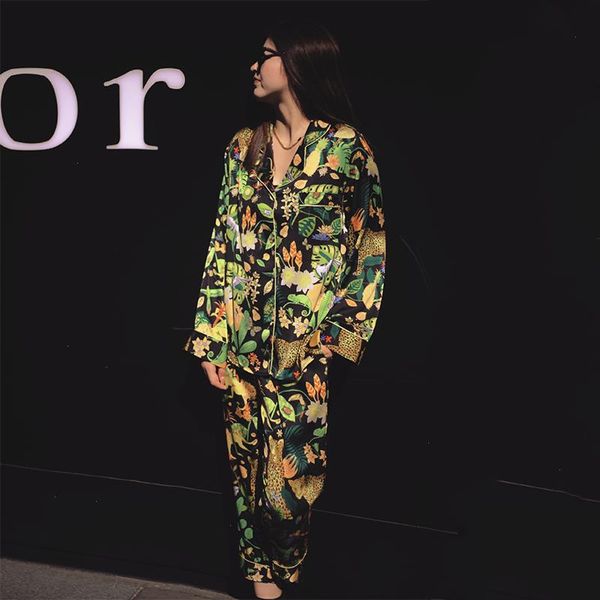 

silk satin forest green printed pajama set homewear sleepwear for women summer 2 pieces long sleeve pyjama, Black;red