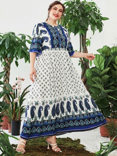 

plus geo & paisley print tie neck dress 32c0#, Black