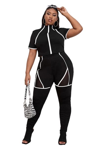 

sxy plus contrast binding zipper tee & mesh insert leggings z96i#, Black