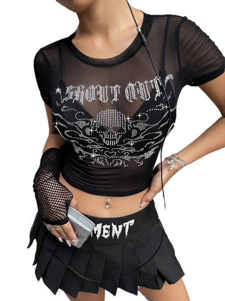 

rhinestone letter & skull pattern sheer mesh crop without bra y1xt#, White