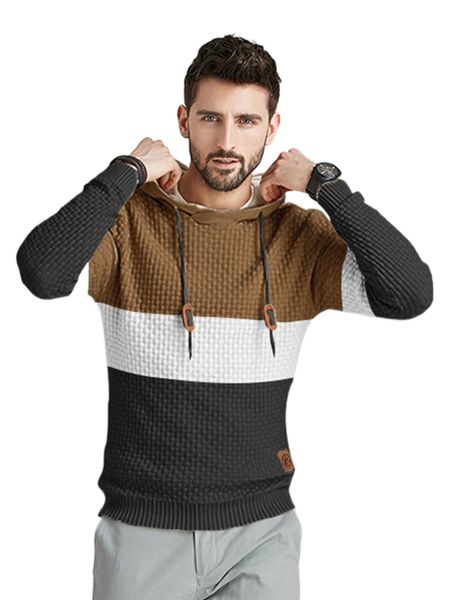 

men colorblock patched detail drawstring hooded sweater e65h#, White;black