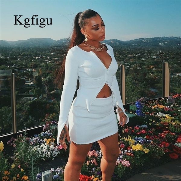 

kgfigu ribbed and skirts sets autumn two pieces zipper full sleeve white matching outfits lj201125