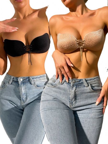 

2pack lace-up self adhesive bra j7dm#, Black;red