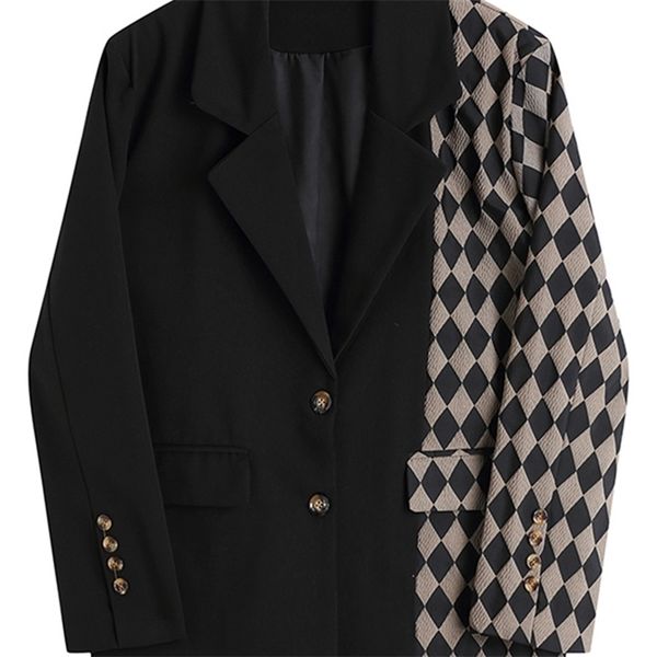 

[eam]women vintage black plaid stitching blazer lapel long sleeve loose fit jacket fashion spring autumn 1da745 220402, White;black