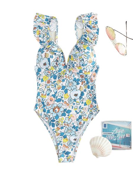 

random floral print ruffle trim one piece swimsuit 12v1#, White;black