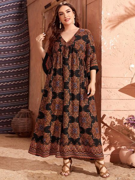 

plus mandala print v-neck smock dress p5lp#, Black