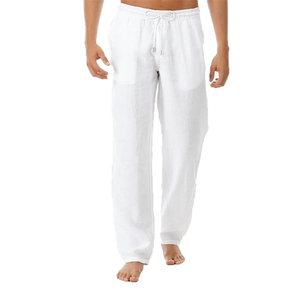 

mens summer casual pants natural cotton linen trousers white linen elastic waist straight mens pant 220704, Black