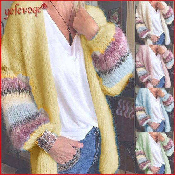 

autumn winter cardigans women trendy striped patchwork long sleeve knitwear jacket coat ladies loose knitted sweater jumper 220325, White