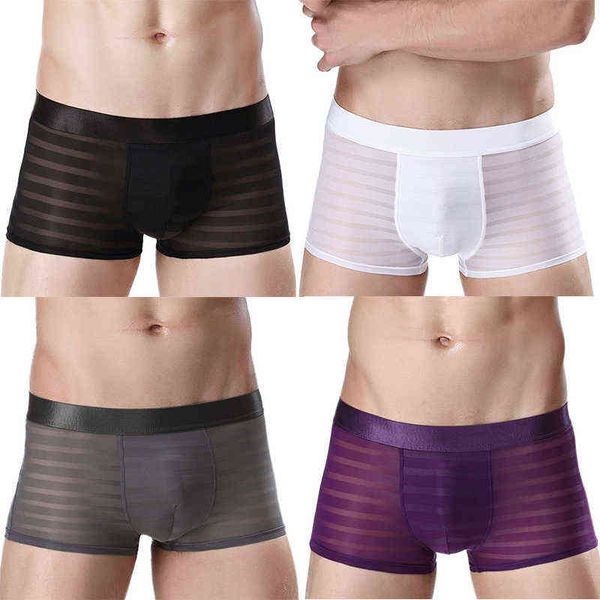 Homens Boxers Shorts Respirável Meados Cintura Homens Roupas Plus Size Underpants Cor Pure Sexy Ice Silk Seda Transparente Underwear G220419