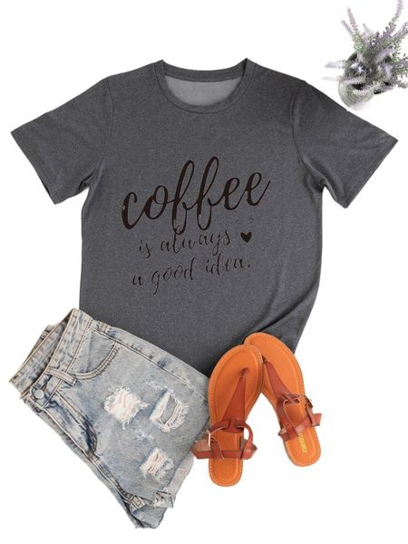 

plus slogan & coffee print tee e9h1#, Black