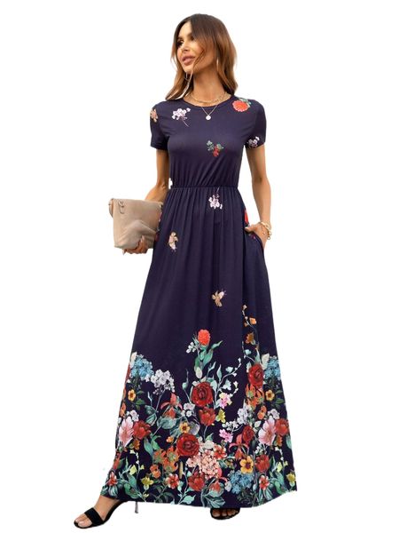 

dearcase floral print hidden pocket dress b09e#, Black;gray