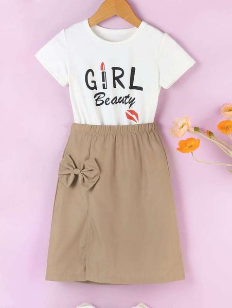 

toddler girls lip & letter graphic tee & bow front split skirt she, White