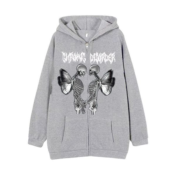 

gray series hoodies skull wings hooded zipper hoodies women's fleece thickened loose sports cardigan sweater, Black